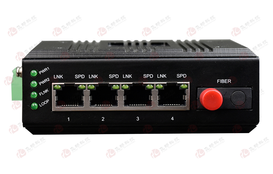 飛暢科技-mini工業(yè)軌式 4路百兆(物理隔離，總帶寬100M)轉(zhuǎn)1路百兆光
