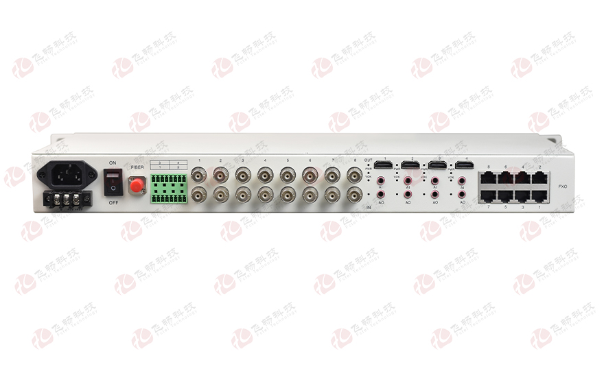 飛暢科技-4路HDMI視頻+2路千電+4路百電(物理隔離)+8路電話+開關量+串口+E1 光端機